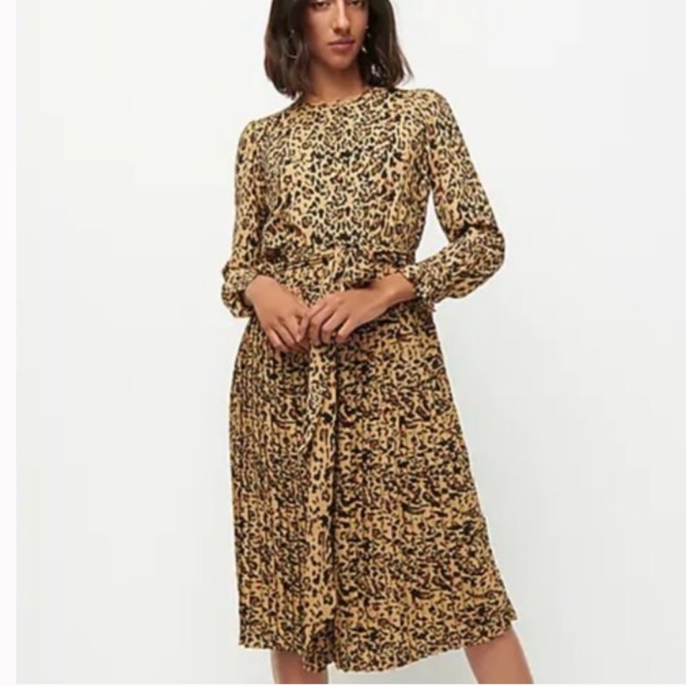 J. Crew pleated leopard midi dress long sleeve size 00